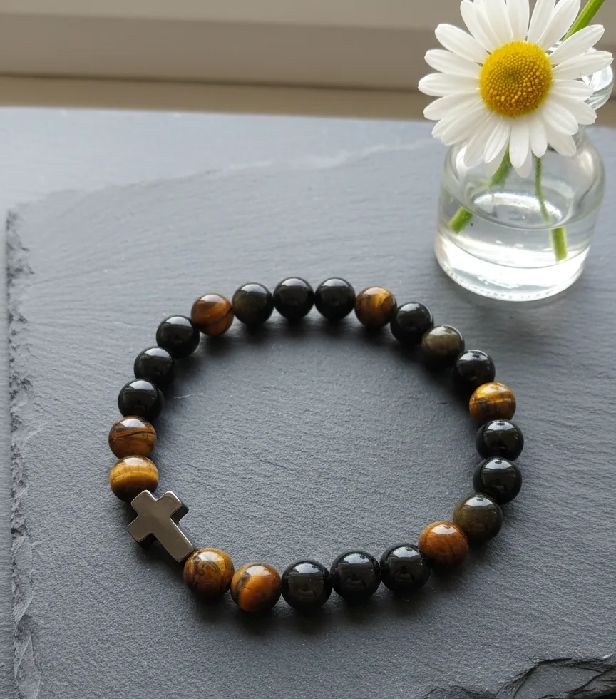 Bransoleta męska z kamienia oko tygrysa i obsydian