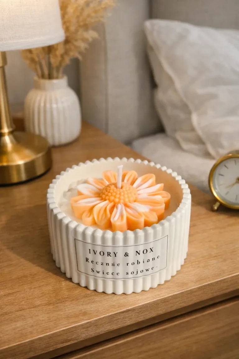 Świeca sojowa w gipsowym pojemniku – dekoracyjny kwiat | Bez zapachu