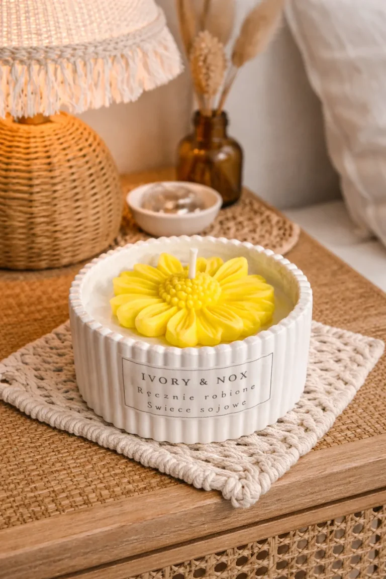 Świeca sojowa w gipsowym pojemniku – dekoracyjny kwiat | Bez zapachu