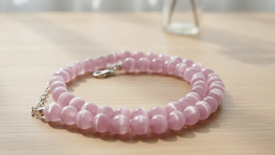 Ręcznie robiony naszyjnik z kamienia różowe kocie oko