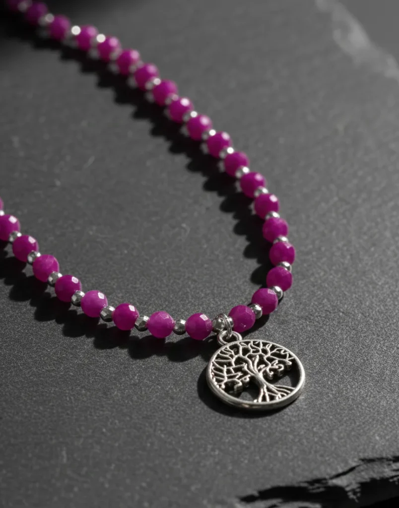 Ręcznie robiony naszyjnik z turmalinu różowego i hematytów z zawieszką