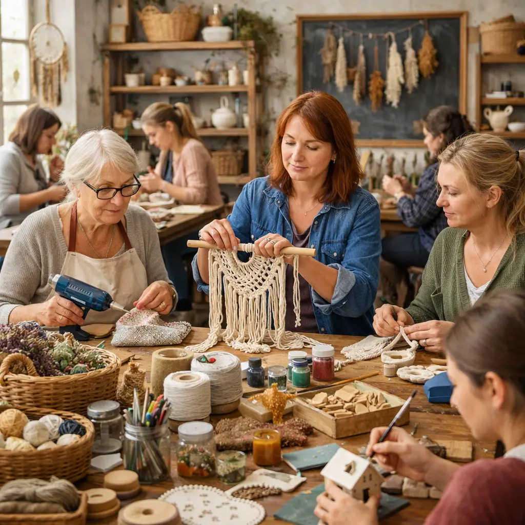 obraz przedstawiający kobity przy stole dziergające przedmioty z wełny