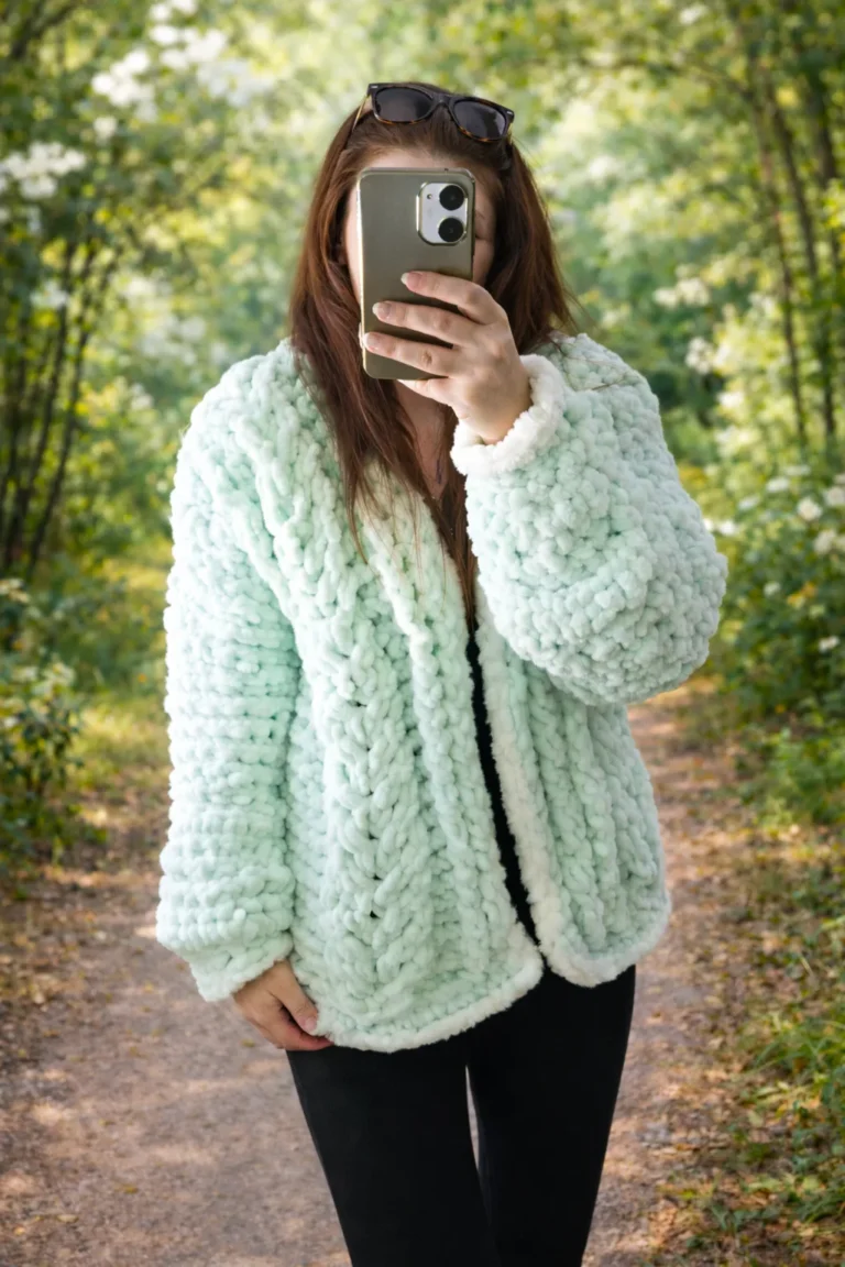 Miętowy kardigan damski oversize handmade – ciepły sweter z puszystej miękkiej przędzy | Magic Days