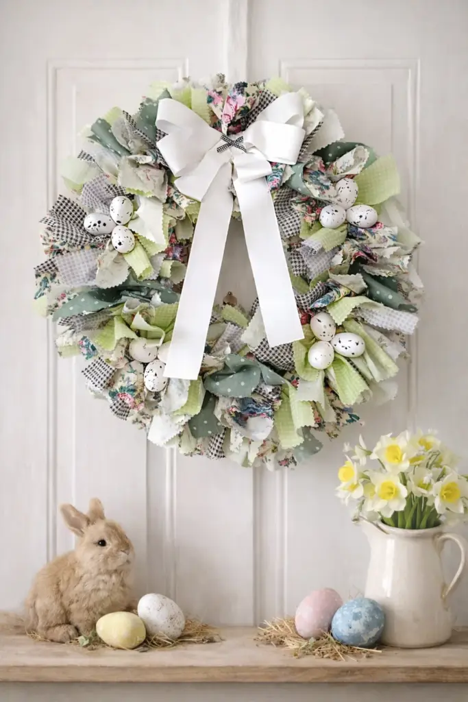Wianek w wiosennych kolorach z motywem wielkanocnym.